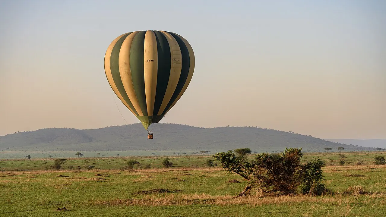 A hot air balloon over the Serengeti plains