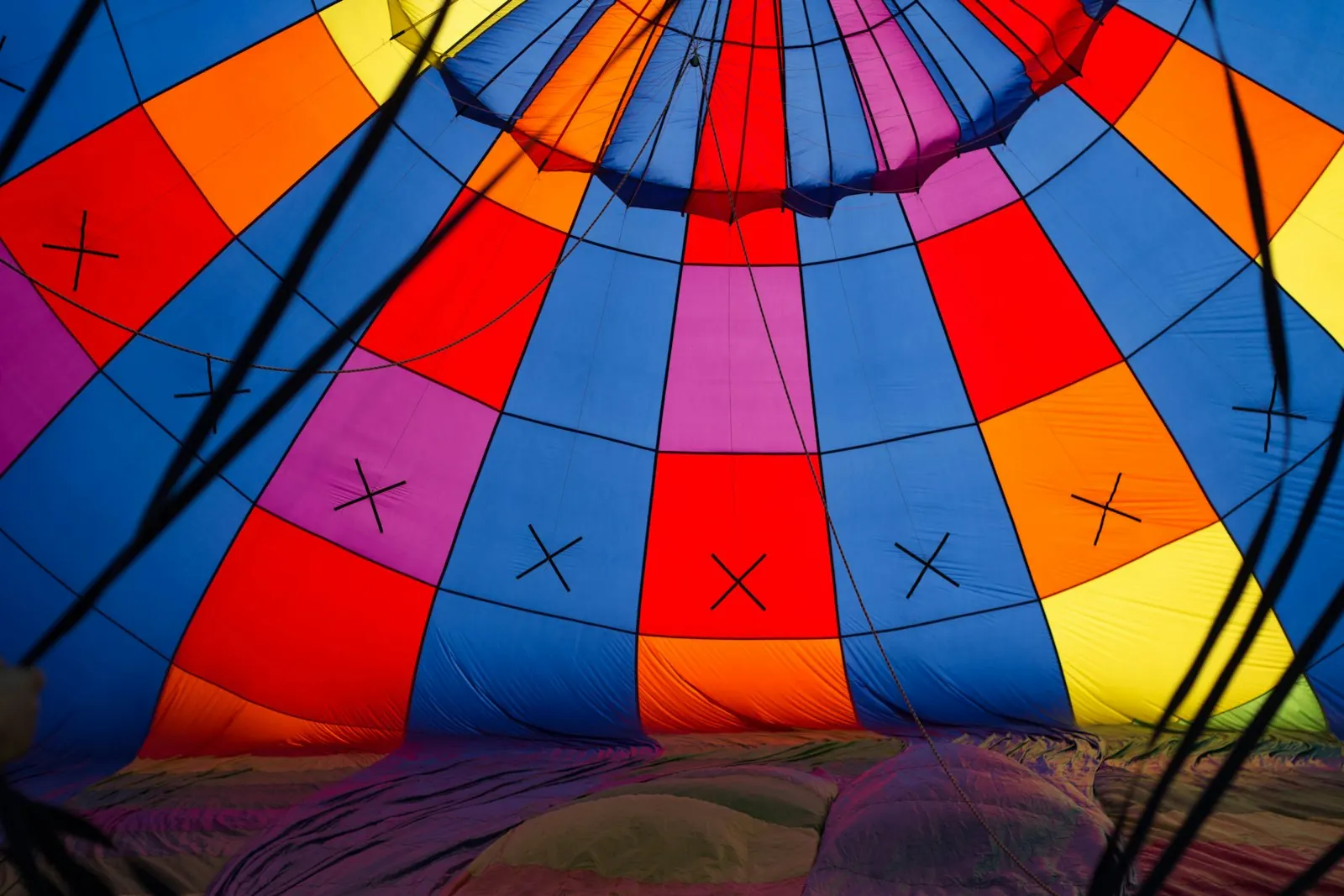 Looking up into a balloon envelope at the Plano Balloon Festival