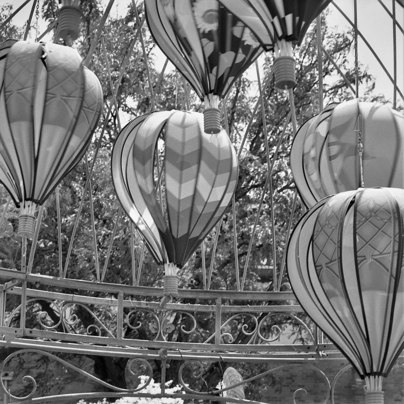 Hot air balloons inflating in Kansas City, in black and white
