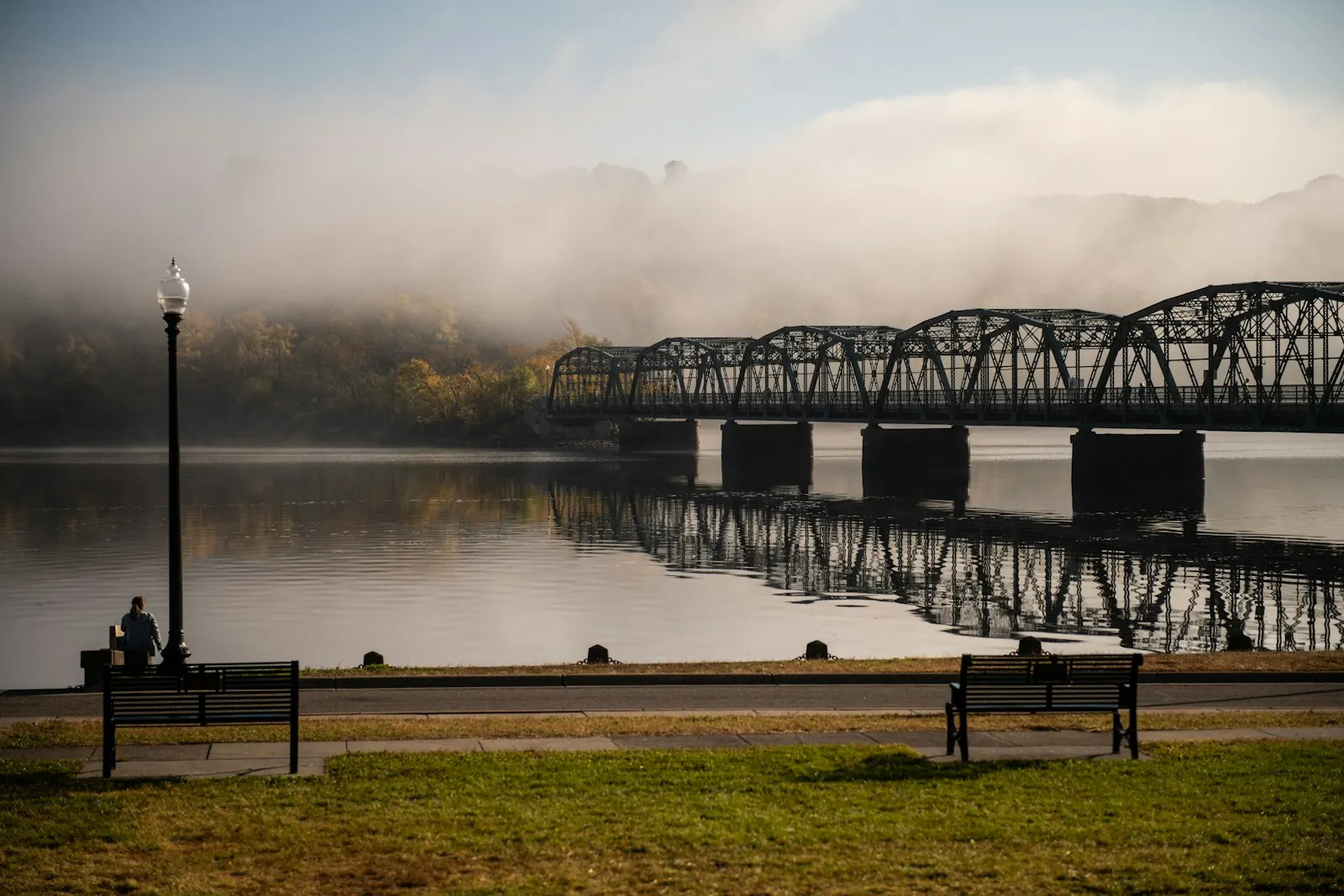 The Stillwater Lift Bridge over the St. Croix River in morning fog